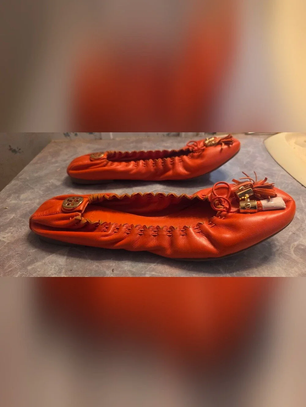 Tory Burch Orange Leather Tassel Ballet Flats with Gold Logo